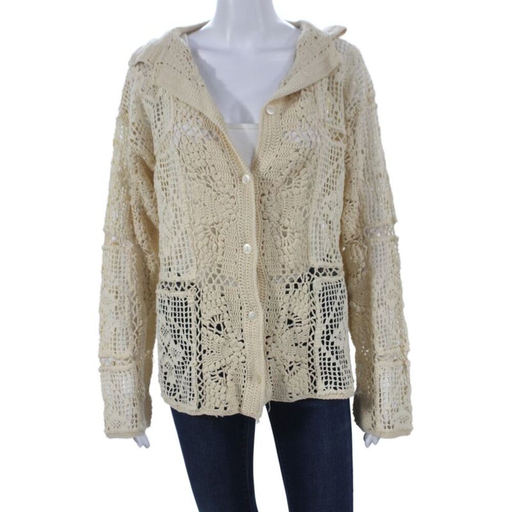 Zara Womens Boho Geometric Collared Cardigan Long Sleeve Ivory Size XS